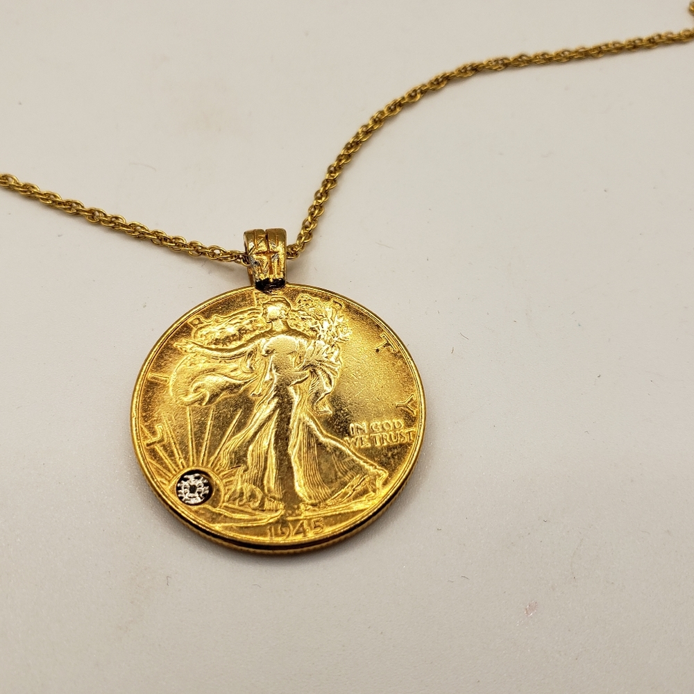 1945 Walking Liberty Half Dollar Pendant with Crystal &‎ Chain